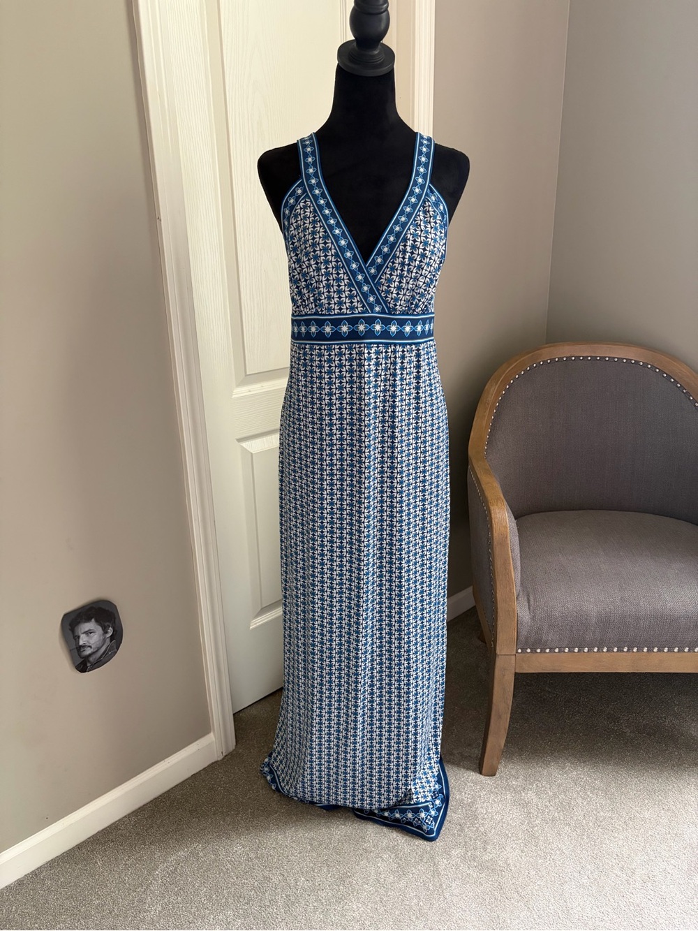 Max Studio Blue Patterned V-Neck Maxi Dress